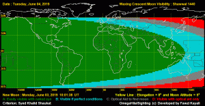 وضعیت رویت پذیری هلال ماه در غروب سه‌شنبه ۱4 خرداد ۱۳۹۸